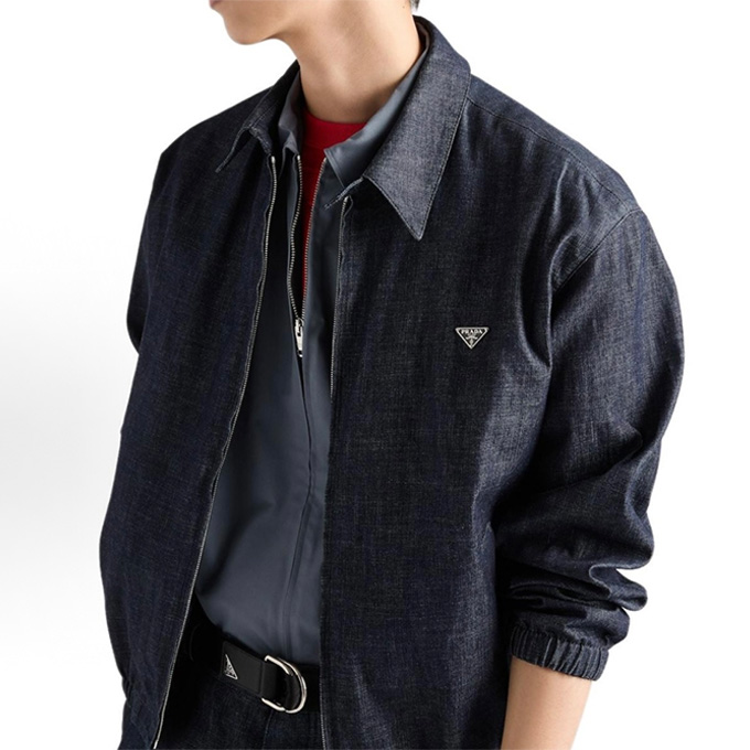 prada triangular logo plaque denim zip blouson jacket